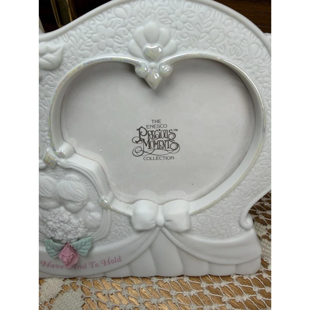VTG Precious Moments Enesco Porcelain Double Heart Photo Frame To Have And Hold